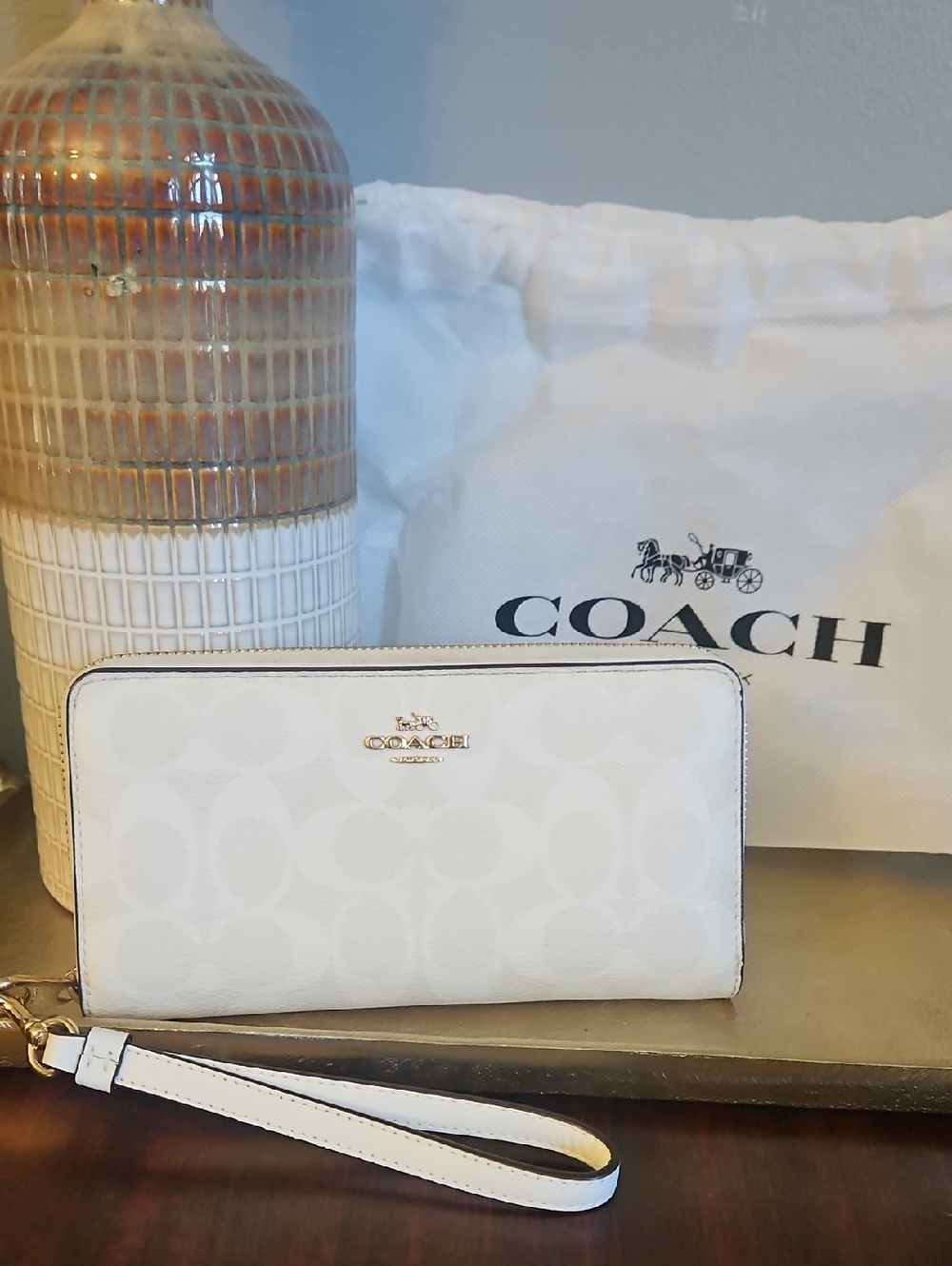 Coach White Signature Zip Wristlet Wallet with Gold Accent